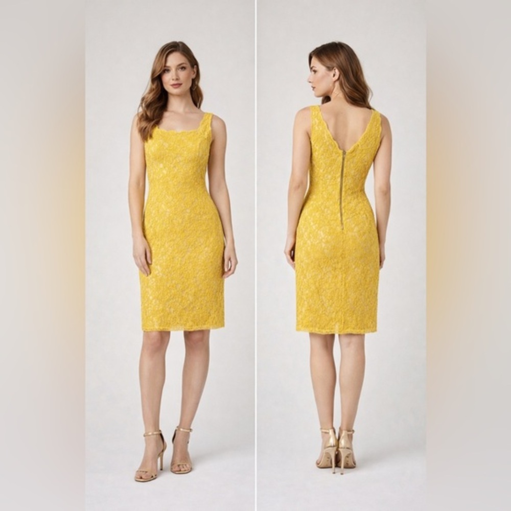 Adrianna Papell Yellow Lace Sheath Dress Size 2